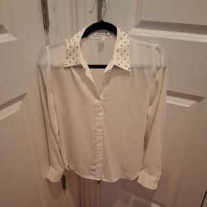 Forever 21 White Semi Sheer Long Sleeve Studded Collar Shirt